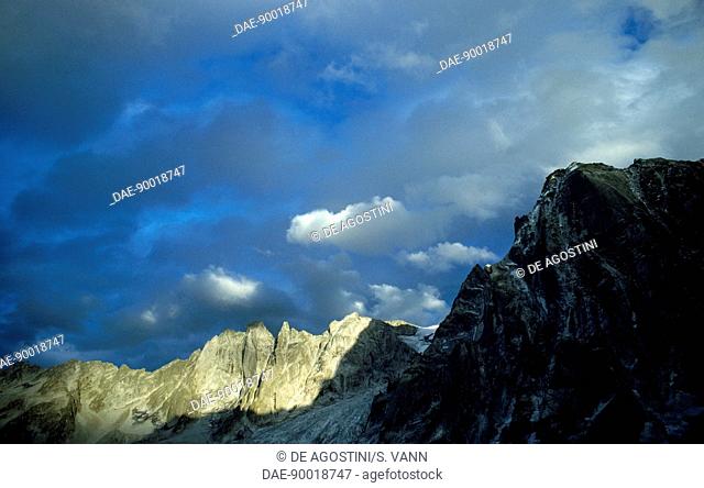 Clouds on the Ago di Sciora, the Sciora Dadent and the Sciora Dafora, Val Bondasca, Grisons, Switzerland