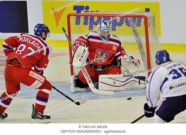 From left: Jakub Nakladal of Czech Republic, Czech goalkeeper Alexander Salak and Jussi Jokinen of Finland in action during the Euro Hockey Tour and Euro Hockey...