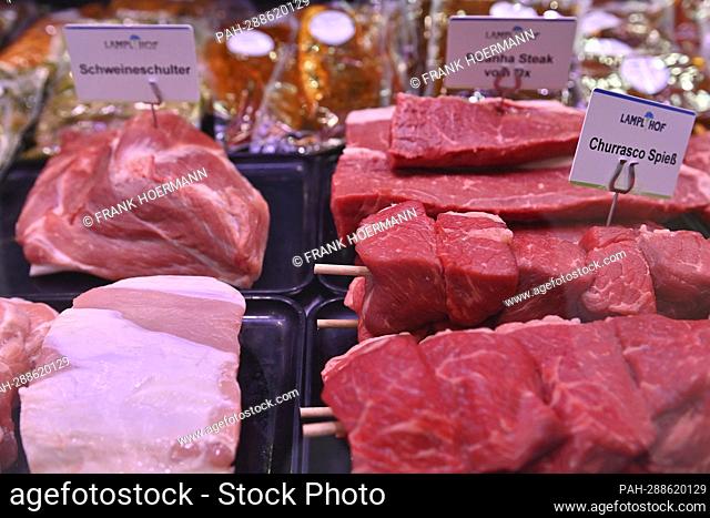 Steaks, ox skewers, ox meat in the meat counter of a court butcher's shop. Fresh meat. - Pfaffenhofen an der Glonn/Bayern/Deutschland