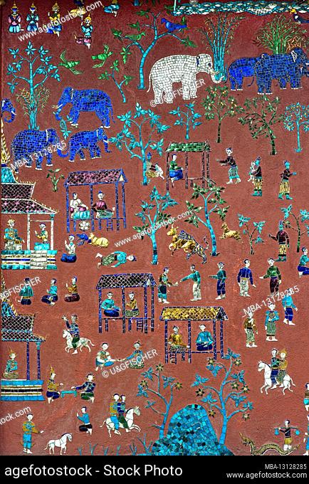 Glass mosaic with illustrations from the parable of Siaosawat, linked with scenes from everyday rural life, outer wall of the Red Chapel, Wat Xieng Thong temple