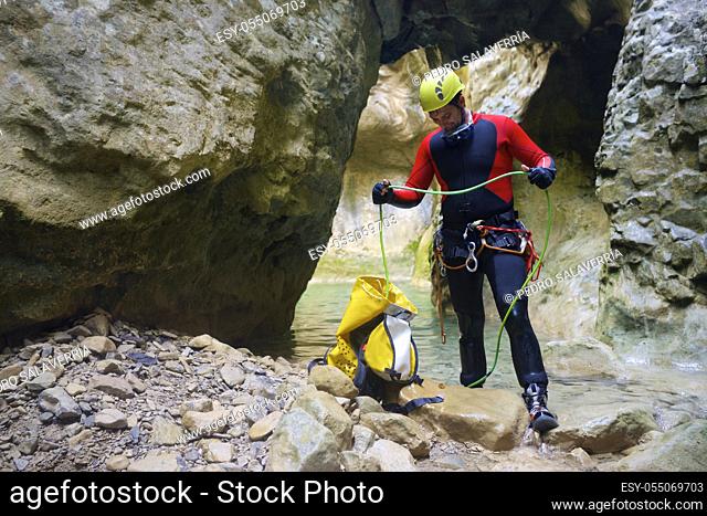 Canyoning in Fago Canyon, Pyrenees, Huesca Province, Aragon in Spain