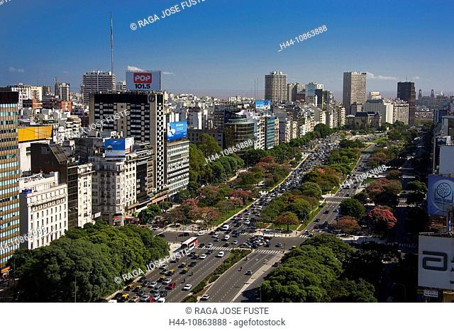 Argentina, Südamerika, Amerika, March 2008, Buenos Aires, city, Avenida 9 de Julio, avenue, overlook, high-angle view, town, houses, traffic, streets, street