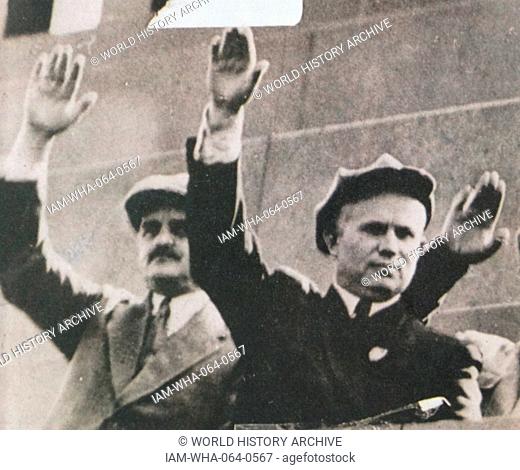 Anastas Mikoyan, Nikita Khrushchev, wave from the Lenin Mausoleum, Moscow, Russia (USSR)