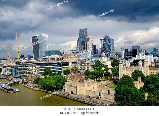 View of the Tower of London and City of London from Tower Bridge, London, England, United Kingdom, Europe