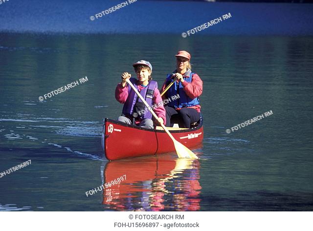canoeing, canoe, Vermont, VT, Mother and daughter paddling a red canoe on Lake Willoughby in Westmore