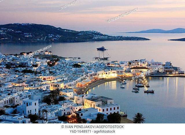 Mykonos Town at Sunset, Mykonos, Cyclades, Greece