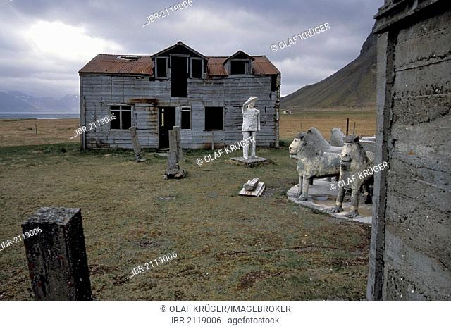 Rural exodus, abandoned farmstead of the artist and farmer Samúel Jónsson, Brautarholt, fjord, or Arnarfjoerður or Arnarfjoerdur, Westfjords, Iceland, Europe