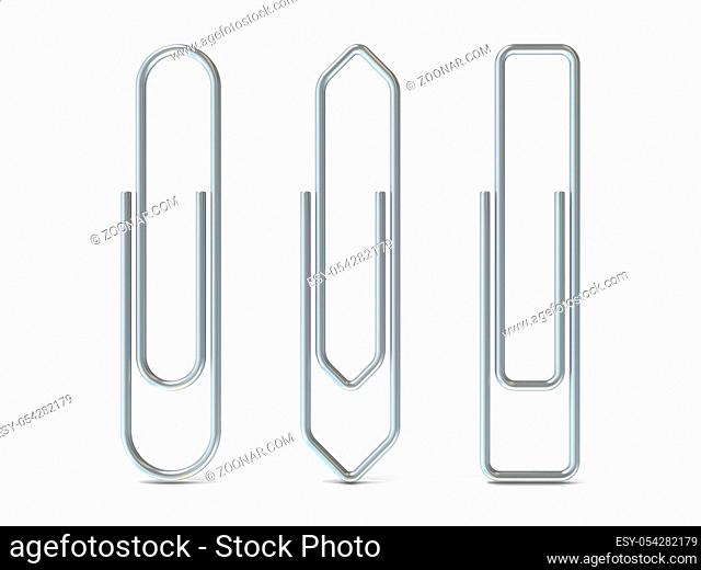 Paper clips isolated over white background, Three basic shapes. Silver