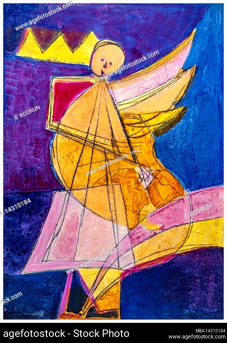 Painting by Pia Bühler, etching, acrylic Music-making angel, blue, ocher, violet