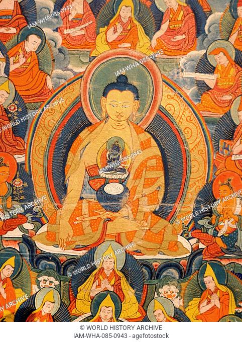 Tibetan Buddhist Thanka depicting the deities and Lamas of the Geluk Order. Painted silk and cotton, beginning of 20th century