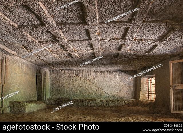 Panhale Kaji or Panhalakaji Caves, District- Sindhudurg, Maharashtra, India : Gaur Lena- Ceiling of Cave No. 2 Interior View showing beams and rafters in...