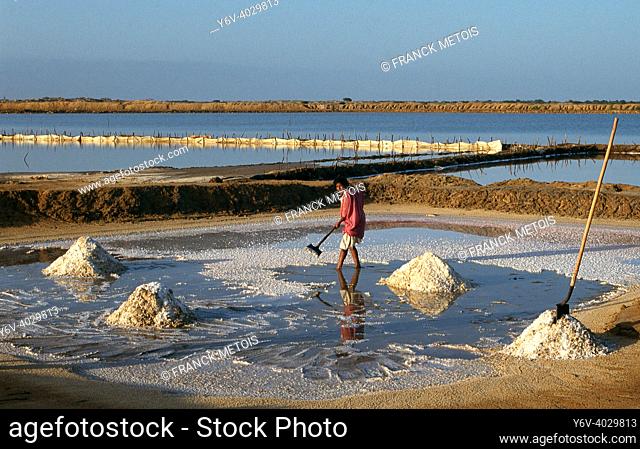 A woman is working in the salt flats ( Manaure, Guajira, Colombia). She belongs to the Wayuu tribe