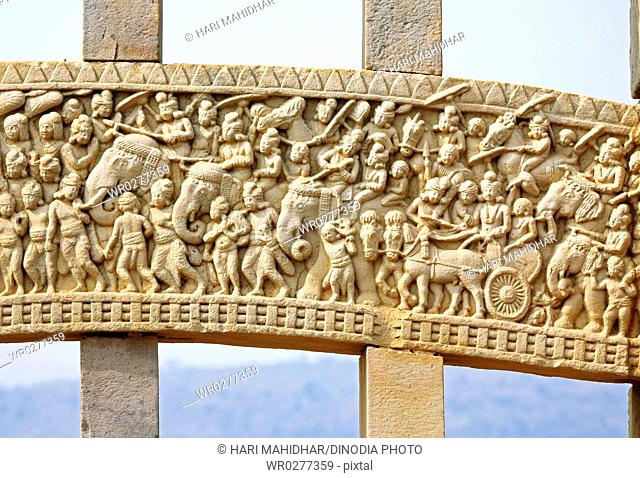 Inner view of west gateway second panel Stupa 1 showing mahaparinirvana of Buddha , Sanchi , Bhopal , Madhya Pradesh , India