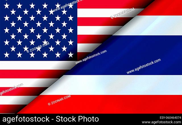 Flags of the USA and Thailand divided diagonally. 3D rendering