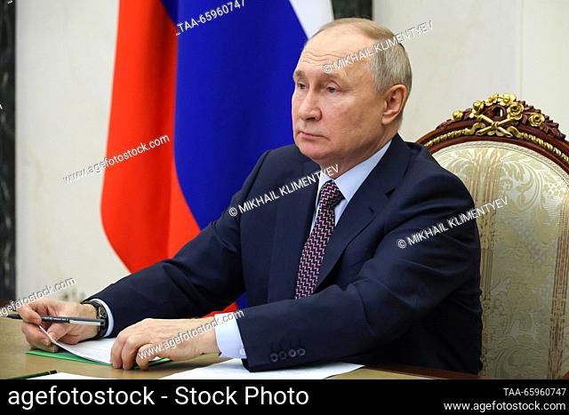 RUSSIA, MOSCOW - DECEMBER 21, 2023: Russia's President Vladimir Putin takes part in a meeting of the Russian Presidential Council for Strategic Development and...