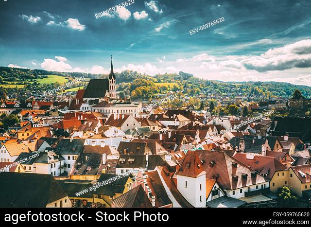 St. Vitus Church and cityscape Cesky Krumlov, Czech republic. Sunny autumn day. UNESCO World Heritage Site