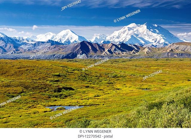 Scenic view of Mt. McKinley with the tundra covered Muldrow Glacier and tundra pond in the foreground, Denali National Park; Alaska, United States of America