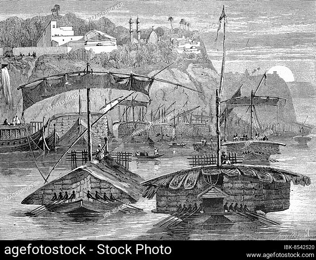 Cargo ships, cotton, convoy with cotton cargo sailing down the Ganges, 1869, India, Historic, digitally restored reproduction of an original 19th century...