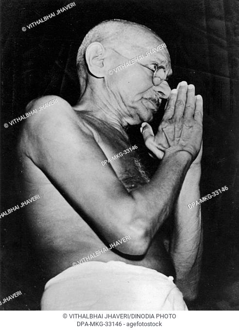 Mahatma Gandhi in greeting pose at Chennai, Tamil Nadu, India, 1946 - MODEL RELEASE NOT AVAILABLE