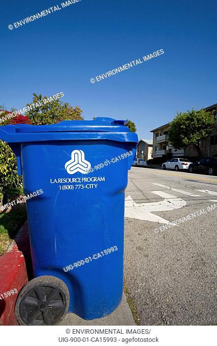 A Blue trash bin for the City of Los Angeles Bureau of Sanitation’s Solid Resources Citywide Recycling Program. The program collects refuse, from more than 750