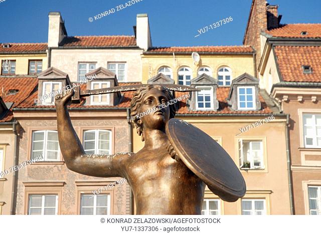 Mermaid statue after renovation, Old Town in Warsaw, Poland