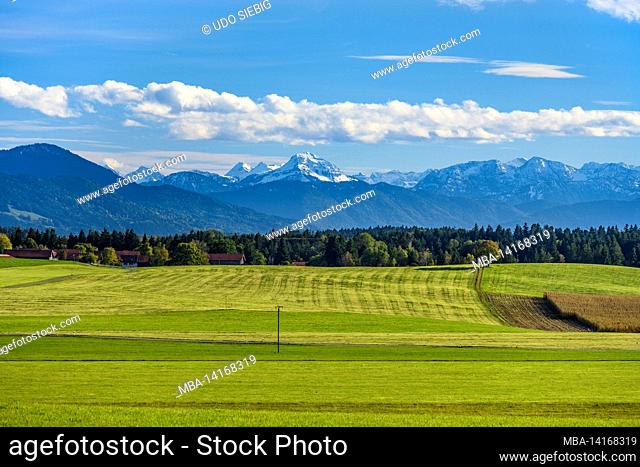 germany, bavaria, upper bavaria, tölzer land, dietramszell, district humbach, cultural landscape against vorkarwendel with juifen