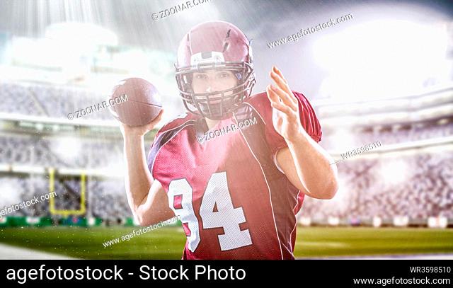 one quarterback american football player throwing ball on big modern stadium with lights and flares