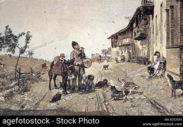 A restless impresario, street artist with donkey and dogs shows tricks in the street, painting by Giovanni Battista Quadrone, Italy, Historic