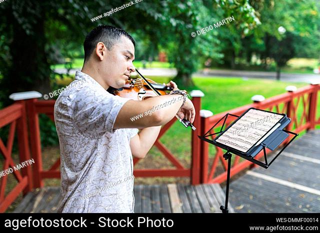 Violinist playing violin looking at sheet music in park