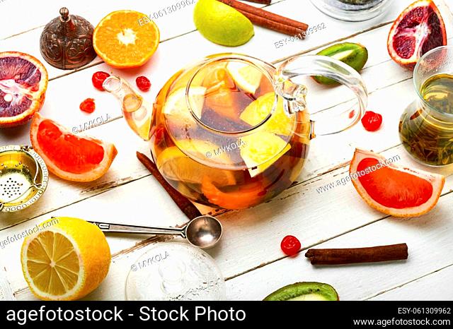 Delicious tea with grapefruit, orange, lime and mandarin