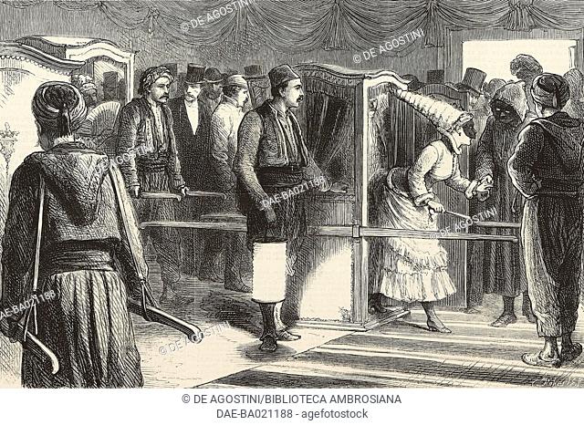 A woman on sedan chair going on a masquerade ball in Pera (Beyoglu), Istanbul, Turkey, illustration from the magazine The Graphic, volume XV, no 379, March 3