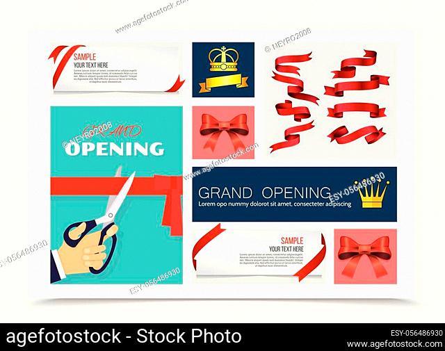 Grand opening and gifts decoration composition with male hand with scissors cutting ribbon crowns web banners red glossy ribbons and bows vector illustration