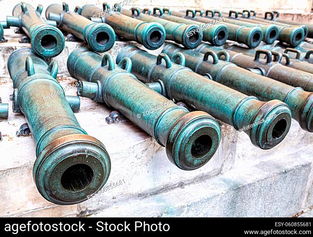 Moscow, Russia - July 9, 2019: Russian ancient field bronze cannons 17th - 18th centuries on the territory of the Moscow Kremlin