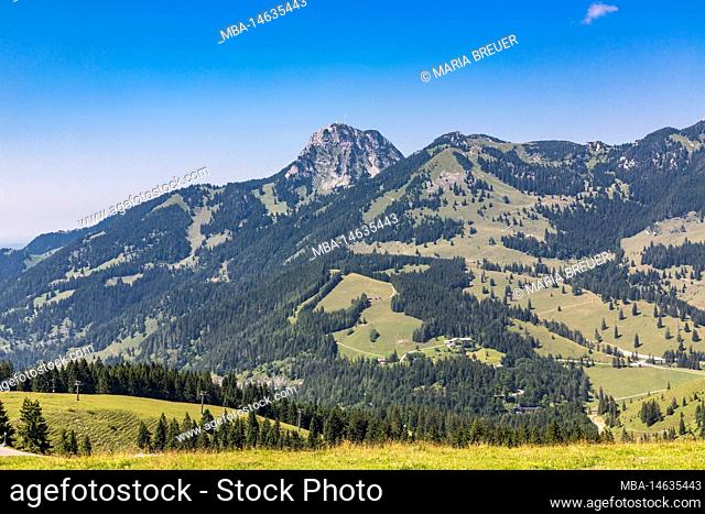View from Sudelfeld to Wendelstein, 1838 m, Soinwand, 1756 m, Lacherspitze, 1724 m, Sudelfeld, near Bayrischzell, Mangfallgebirge, Upper Bavaria, Bavaria