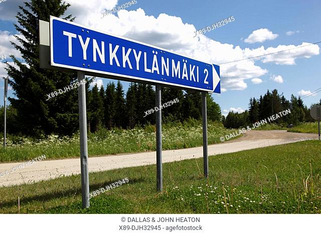 Finland, Region of Southern Savonia, Savonlinna, Saimaa Lake District, Sign to Tynkkylanmaki Town