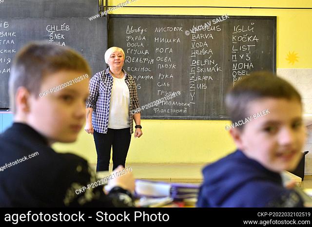 Teacher Olga Gresykova in the class school for Ukrainian refugee children to learn Czech language, housed in unused Cacovicka Street Primary School in Brno