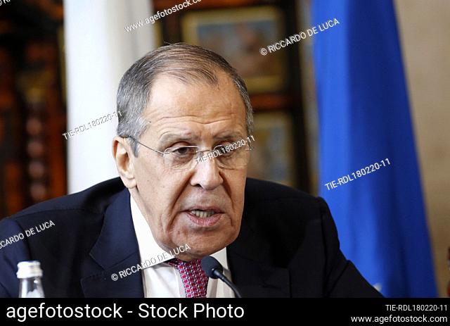 Russian Minister of Foreign Affairs Sergey Lavrov during the press conference, Rome, ITALY-18-02-2020