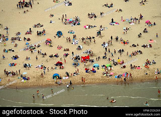 an aerial view of the beach in Oostende taken from a helicopter, flying along the Belgian coast, Saturday 08 August 2020. BELGA PHOTO ERIC LALMAND