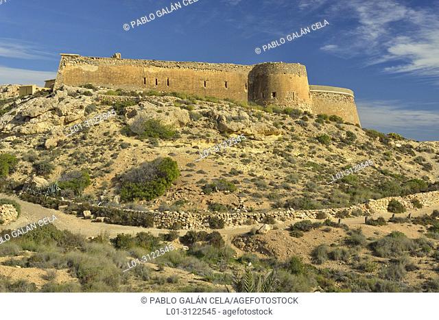 Castillo de San Ramon. Coastal landscape north of playazo. Almeria province, Andalusia, Spain