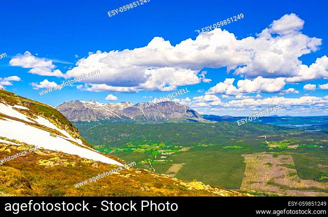 Beautiful valley landscape panorama Norway of Hydalen Hemsedal with snowed in Mountains in summer