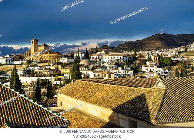 San Cristobal church and overview of the Unesco listed Albaicin quarter in Granada, Andalusia, Spain
