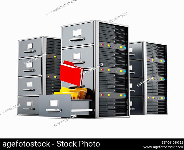 File cabinet combined with network server. 3D illustration