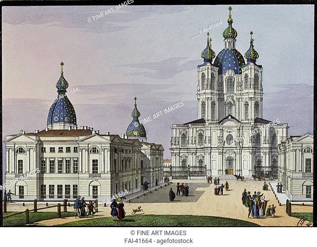 The Smolny Convent of the Resurrection in St. Petersburg by Beggrov, Karl Petrovich (1799-1875)/Lithograph, watercolour/Neoclassicism/First half of the 19th...