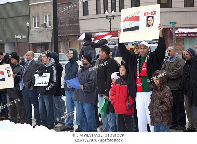 Dearborn, Michigan - Egyptian-Americans and other Arab-Americans rally at Dearborn city hall in solidarity with demonstrations in Egypt which are demanding the...