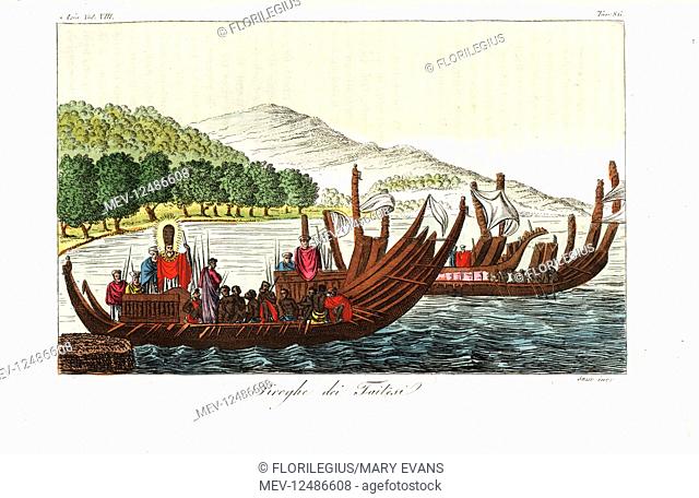 Natives of Tahiti on war canoes. Handcoloured copperplate engraved by Sasso after William Hodges from Giulio Ferrario's Ancient and Modern Costumes of all the...