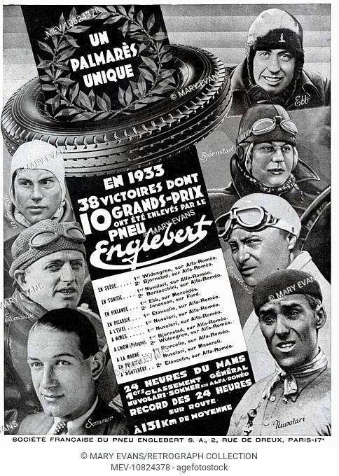 Art Deco Magazine Advertisement for Englebert tyres, as used by Grand Prix racing car drivers