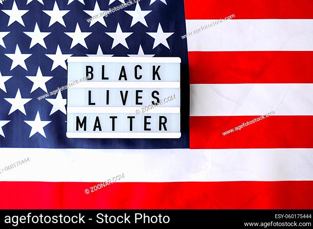 American flag. Lightbox with text BLACK LIVES MATTER Flag of the united states of America. July 4th Independence Day. USA patriotism national holiday