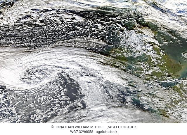 EARTH North Atlantic Ocean -- 02 Jan 2014 -- This composite image of data from the NASA Terra and Aqua satellites shows the large storm system causing floods...
