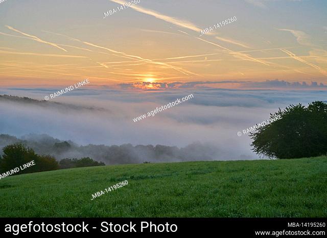 Main valley, fog, morning, sunrise, summer, Seckmauern, Lützelbach, Hesse, Bavaria, Germany