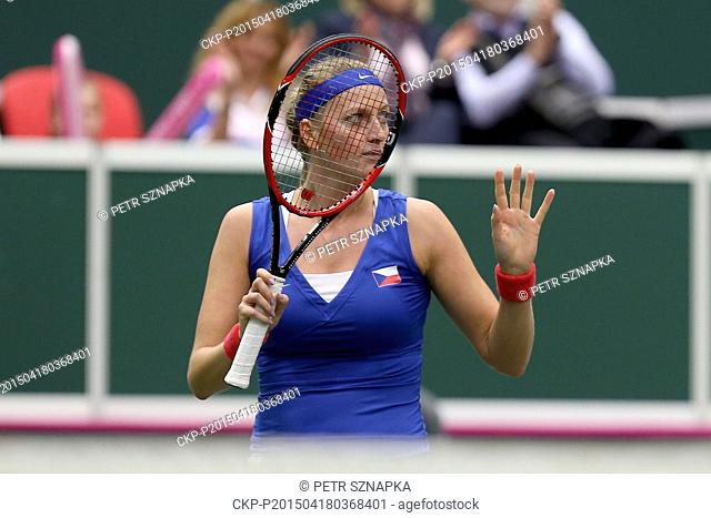 Czech tennis player Petra Kvitova in action during the semifinal Czech Republic vs. France Fed Cup match against Kristina Mladenovic in Ostrava, Czech Republic